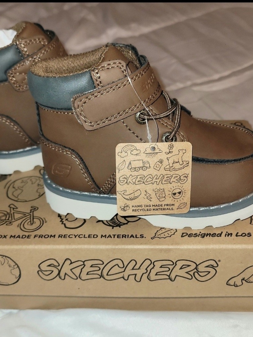 Skechers Brown and Gray Kids Ankle Boots with Velcro